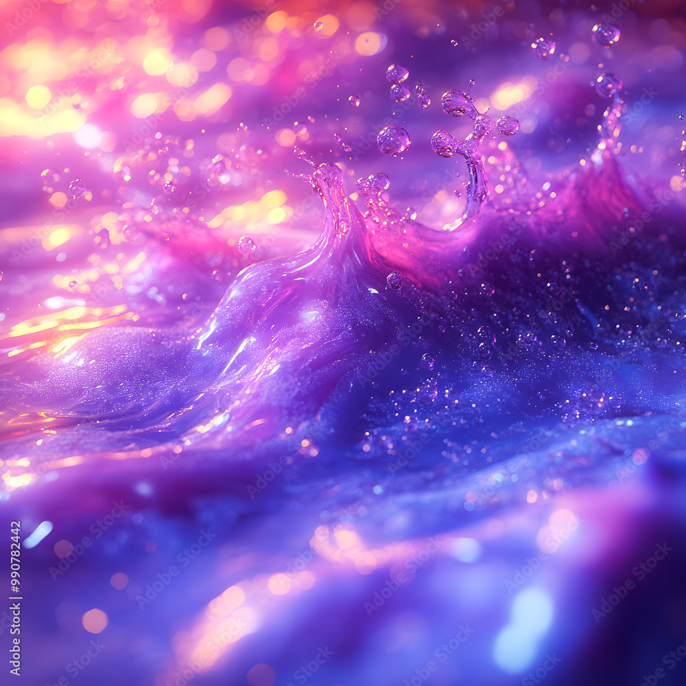 Poster abstract illustration of flowing lines and flying drops of thick, flowing, glowing liquid. tones of 