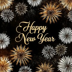 Happy New Year Celebration Text with Festive Gold and white Fireworks in rusty black background, happy new year fireworks poster, Elegant gold cursive Happy New Year calligraphy