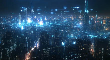 Fototapeta premium Wide-angle aerial view of the city skyline at night, with glowing connections between buildings and streetlights forming intricate networks representing smart urban infrastructure, featuring digital b