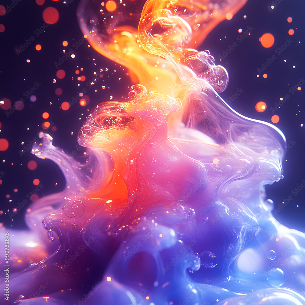 Leinwandbilder A fluid, magical shape with slowly floating droplets and a vibrant orange-blue gradient. Soft light accents enhance the effect of movement and create a futuristic mood