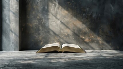 The nurturing grey surface supports the open book, inviting viewers to engage with its teachings and reflections