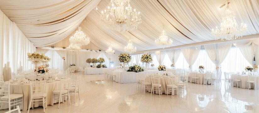 The beautiful wedding hall was decorated in white, a tent with hanging lights and beautiful tables for the bride and groom's guests