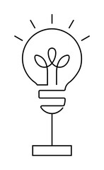 A simple black and white line art of a lightbulb containing leaves, symbolizing eco-friendly initiatives and green energy. Ideal for sustainability, innovation, energy, environmentalism, and technolog