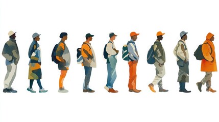 A diverse group of people standing in line, dressed in outdoor jackets and backpacks, conveying travel, exploration, and diversity.