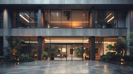 3D render captures a minimalist building with clean lines and a monochromatic palette. Large windows flood the interior with natural light, emphasizing simplicity and functionality