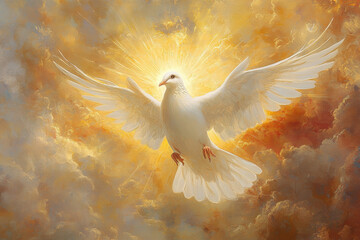 Graphic and biblical representation of the Holy Spirit in the form of a dove. AI generativ.