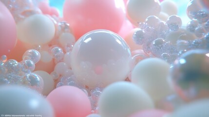 A colorful abstract composition of bubbles and spheres in soft pastel colors.