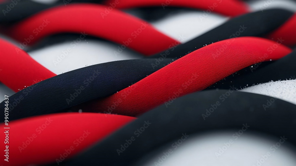 Poster close-up view of intertwined red, black, and white patterns, showcasing texture and design in a vibr