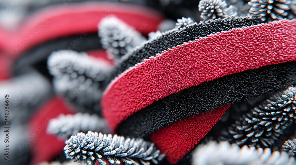 Poster close-up view of red and black textile, showcasing unique textures and patterns in a captivating abs