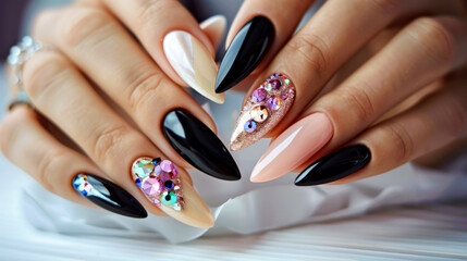 Elegant stiletto nails with gemstone accents and black glossy finish. Beauty and hand care concept