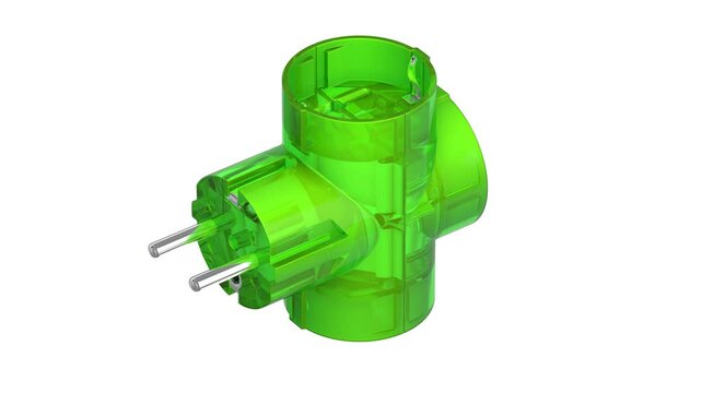 Rotating 3D model of a green transparent tee of European standard with three electrical output sockets (1 input - 3 outputs) isolated on a white background. Seamless loop. 3D rendering.