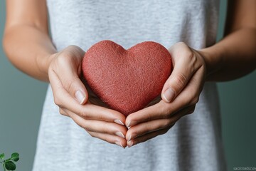 Person holding a red heart in their hands, symbolizing love, care, and health.