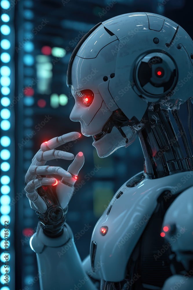 Poster robot in server room big data transfer digital technology high tech or ai thinking