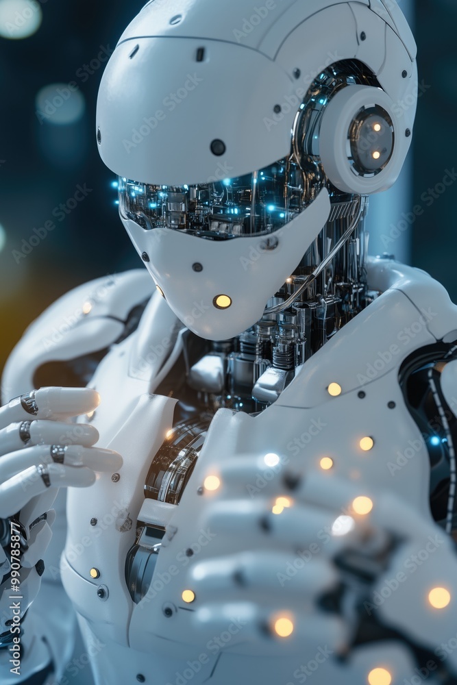 Poster robot in server room big data transfer digital technology high tech or ai thinking