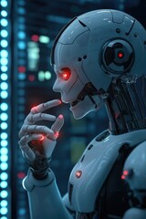 Fototapeta premium Robot in server room big data transfer digital technology high tech or AI thinking