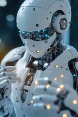 Fototapeta premium Robot in server room big data transfer digital technology high tech or AI thinking