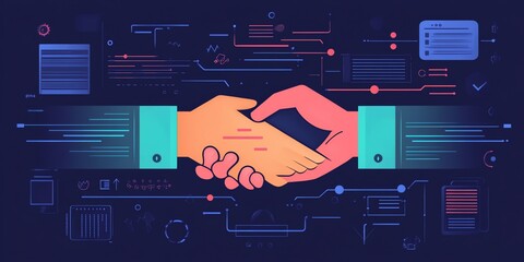 Two hands shaking on a digital background.