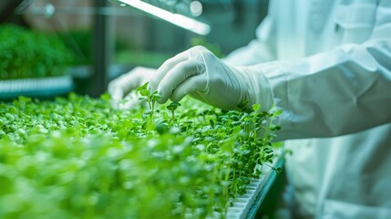 Person inspecting radish microgreens in a high-tech indoor cultivation setting with controlled lighting. Bright light shining from the right.
