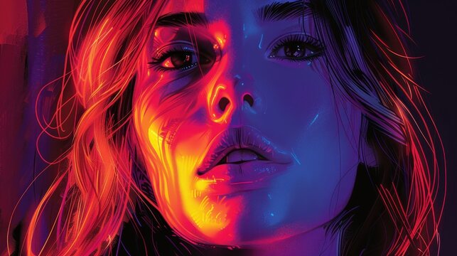 A portrait of a woman in neon colors that impresses with its elegance and brightness. Her image is an example of contemporary art