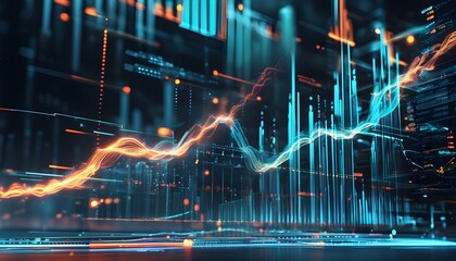 Futuristic Abstract Data Visualization with Glowing Lines and Dynamic Charts in a Digital Innovation Landscape