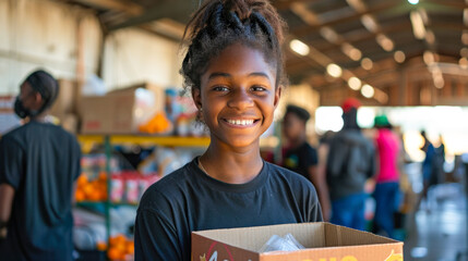 Smiling black girl, volunteer at food bank at community warehouse, volunteer center