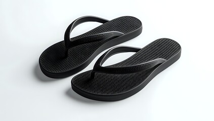 A pair of black flip flops on a white background.