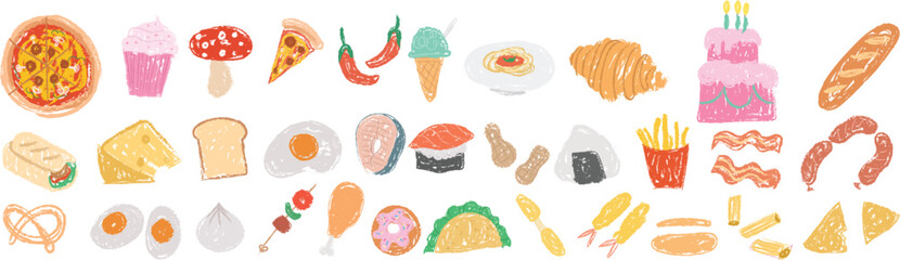 Crayon coloring pencil food set stickers, icon. Black line art, symbol, silhouette, crayon, pencil texture kid, childlike drawing, tempura, fish, ice cream, pizza, taco, burrito, boiled egg, fast food