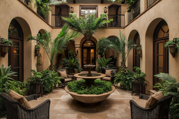 Fototapeta premium Mediterranean indoor courtyard with lush greenery and a central fountain