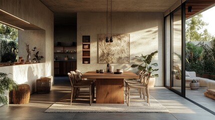 A stylish dining area with a table made from ethically sourced wood