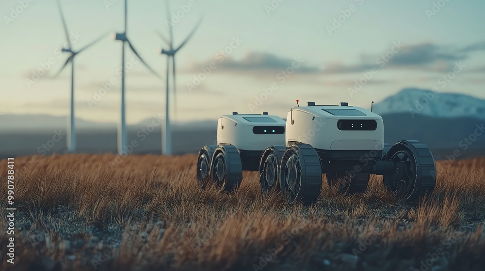 Aufkleber two white robots stand in a field with wind turbines in the background during a sunset.