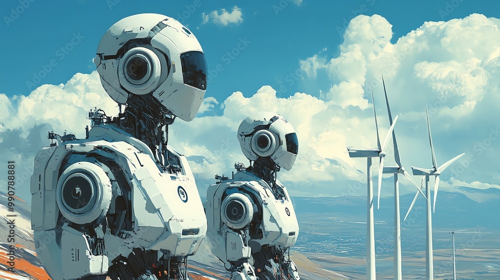 Poster two white robots standing in front of a wind farm.