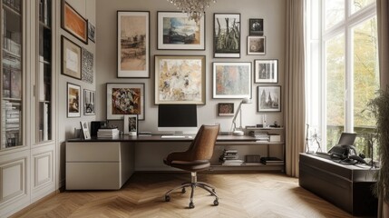 Fototapeta premium A stylish home office with a large desk and a gallery wall of art