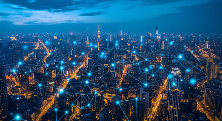 Fototapeta premium Wide-angle aerial view of the city skyline at night, with glowing connections between buildings and streetlights forming intricate networks representing smart urban infrastructure, featuring digital b
