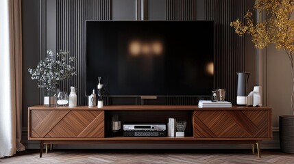 A stylish media console with a large television and curated decor items