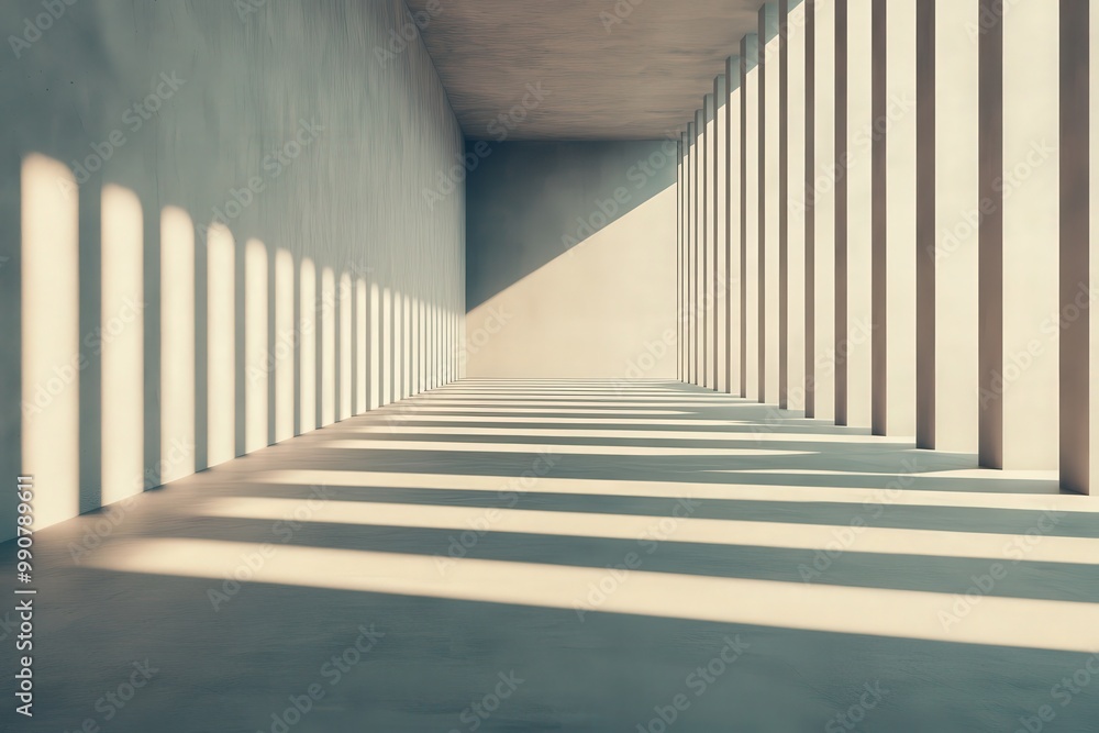 Poster exploring the symmetry of light and shadow in a minimalist architectural space of intriguing design