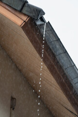 Clogged rain gutter, dirty roof gutter, with wet fallen leaves.