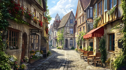 Fototapeta premium Charming background with a quaint bakery display, featuring freshly baked bread, croissants, and pastries arranged neatly