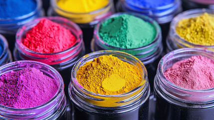 vibrant paint pigment powders in glass jars, macro shot 
