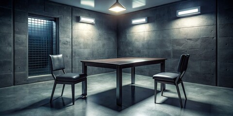 A shadowy interrogation room features a table, two chairs, and a two-way mirror, creating an intense atmosphere for gripping crime investigation scenes.