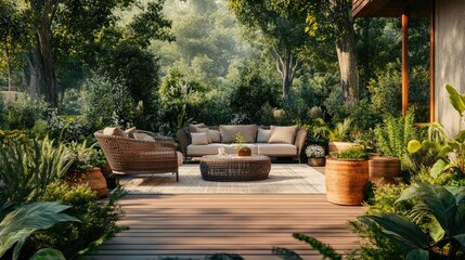 A sustainable outdoor living space with a wooden deck, eco-friendly rattan furniture, and greenery surrounding the seating area
