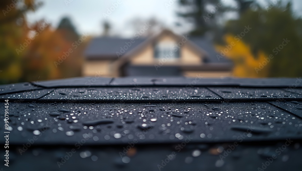 Poster raindrops on a dark, textured surface. the background is blurred, creating a bokeh effect.