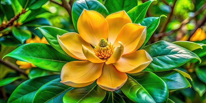 A stunning magnolia champaca flower blooms, displaying vibrant yellow petals that contrast beautifully against a backdrop of lush green leaves, enchanting all who behold it.