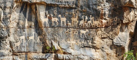 Fototapeta premium Photo of petroglyphs in the park depicting humans and animals on a stone wall in the style of an ancient artist