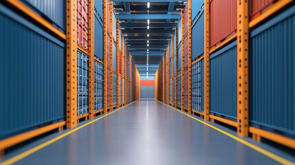 Warehouse aisle with shelving and storage containers, clean and organized space.