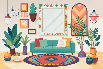 Vibrant Bohemian Living Room Interior with Eclectic Decor