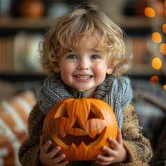 Happy Halloween. Cute cheerful little boy laughs and holding orange pumpkin Jack-o-lantern while in cozy home. Made with generative ai.