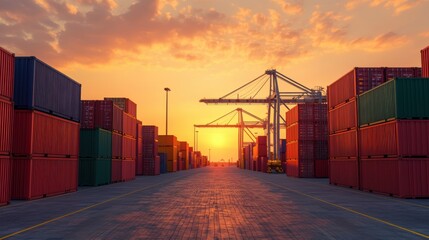 Fototapeta premium Shipping containers at a port during a vibrant sunset.