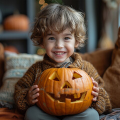 Happy Halloween. Cute cheerful little boy laughs and holding orange pumpkin Jack-o-lantern while in cozy home. Made with generative ai.