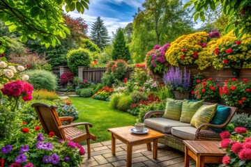 Fototapeta premium A tranquil backyard oasis filled with lush greenery, bright flowers, and inviting seating areas creates a vibrant space for relaxation and enjoyment. Nature's beauty awaits!