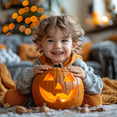 Happy Halloween. Cute cheerful little boy laughs and holding orange pumpkin Jack-o-lantern while in cozy home. Made with generative ai.